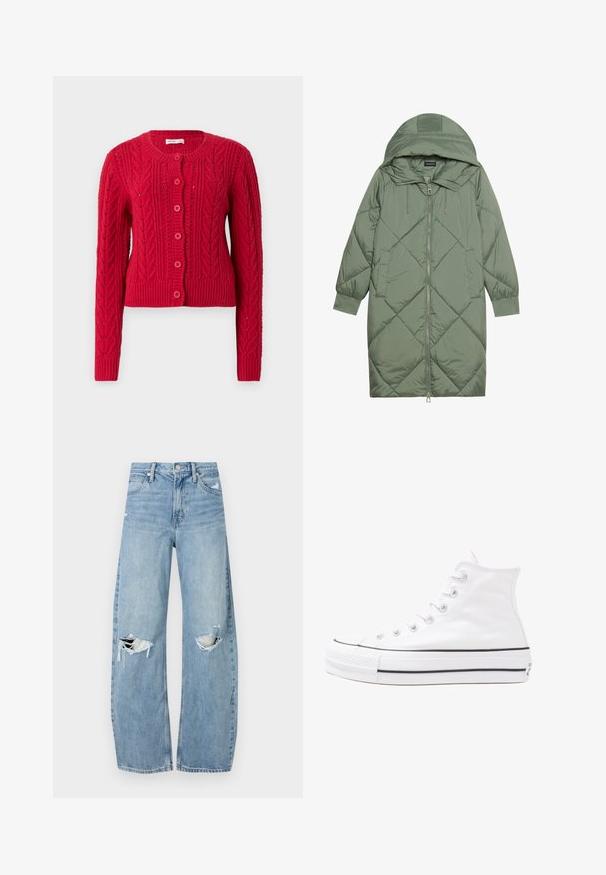 Prostorna dolga zeleni puffer plašč s kapuco, z zadrgo spredaj in dvema stranskima žepoma. Tekstura z diamantnim vzorcem po celotni površini.; Rdeča pletena jopica z okroglim ovratnikom, s kabelskim pletenjem, z ribanim robom in manšetami ter šestimi usklajenimi rdečimi gumbi spredaj.; Svijetloplave traperice visoki struk. Imaju široke nogavice, dva poderana područja na koljenima i klasičan petotoksi stil.; Beli visoki platneni športni čevelj z črnim gumijastim podplatom, sprednjim gumijastim zaščitnikom za prste in šestimi luknjicami za vezalke, ki se ponaša s preprostim, minimalističnim dizajnom.