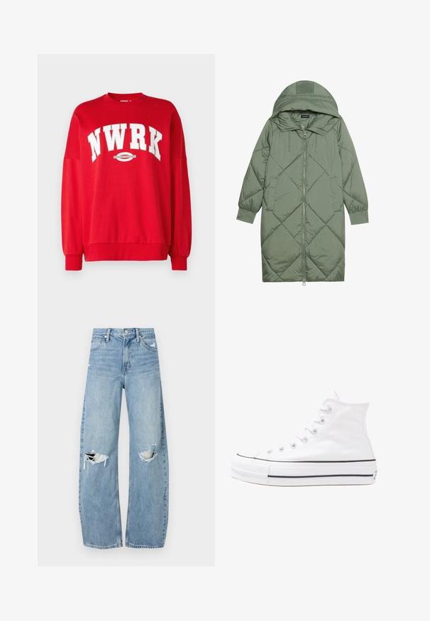 Cappotto lungo imbottito verde con un cappuccio, caratterizzato da una chiusura frontale a zip e due tasche laterali. Motivo a rombi testurizzati su tutta la superficie.; Felpa rossa con lettering bianco audace "NWRK" e un logo circolare. Maniche e collo a coste; materiale morbido con una vestibilità rilassata.; Jeans azzurri chiari a vita alta realizzati in denim. Presentano gambe larghe, due aree strappate sulle ginocchia e il classico styling a cinque tasche.; Sneaker alta in tela bianca con suola in gomma nera, punta in gomma frontale e sei asole per i lacci, caratterizzata da un design pulito e minimalista.