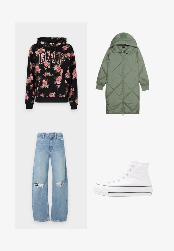 Quilted long green puffer coat with a hood, featuring a front zipper closure and two side pockets. Textured diamond pattern throughout.; Black hoodie with pink and beige floral pattern, large pink outlined "GAP" letters on front, kangaroo pocket, and drawstring hood.; Light blue, high-waisted jeans made of denim. Feature wide legs, two torn knee areas, and classic five-pocket styling.; White high-top canvas sneaker with black rubber sole, front rubber toe cap, and six eyelets for laces, featuring a clean, minimalist design.