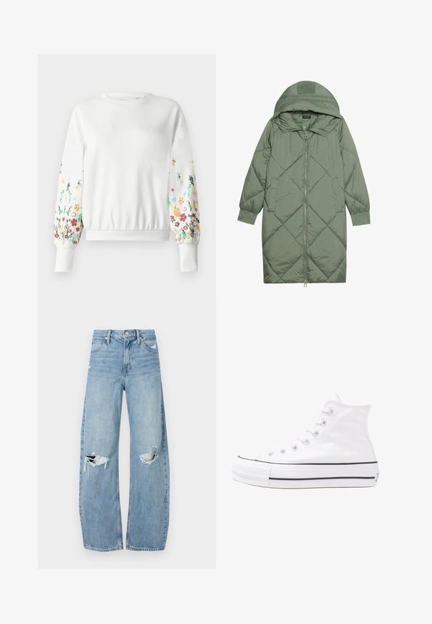 Abrigo acolchado largo verde tipo puffer con capucha, que presenta un cierre frontal con cremallera y dos bolsillos laterales. Patrón de diamantes texturizado en toda su superficie.; Sudadera blanca con cuello redondo y puños acanalados, que presenta un bordado floral colorido a lo largo de las mangas en varios tonos.; Vaqueros de mezclilla de tiro alto en azul claro. Tienen piernas anchas, dos áreas desgastadas en las rodillas y un estilo clásico de cinco bolsillos.; Zapatilla de lona alta blanca con suela de goma negra, puntera de goma frontal y seis ojetes para los cordones, que presenta un diseño limpio y minimalista.