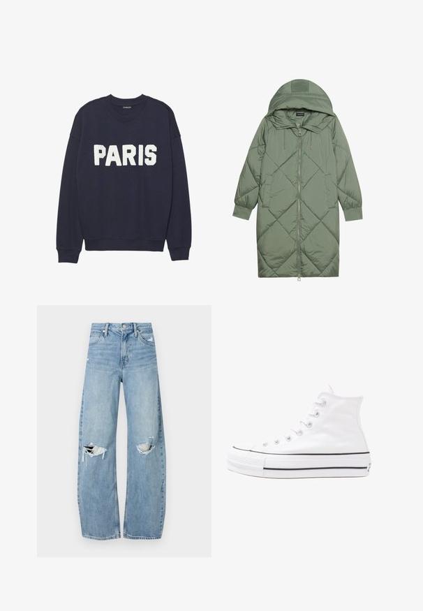 Cappotto lungo imbottito verde con un cappuccio, caratterizzato da una chiusura frontale a zip e due tasche laterali. Motivo a rombi testurizzati su tutta la superficie.; Felpa blu navy con polsini e scollatura a coste, con scritte in pile bianco che dicono "PARIGI" sul davanti.; Jeans azzurri chiari a vita alta realizzati in denim. Presentano gambe larghe, due aree strappate sulle ginocchia e il classico styling a cinque tasche.; Sneaker alta in tela bianca con suola in gomma nera, punta in gomma frontale e sei asole per i lacci, caratterizzata da un design pulito e minimalista.