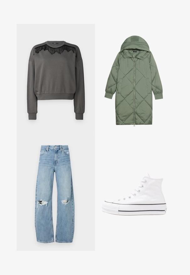 Gequiltede lange groene pufferjas met een capuchon, met een ritssluiting aan de voorkant en twee zijzakken. Gelaagd ruitpatroon overal.; ONLY ONLSOFIE O-NECK - Sweater - magnet; Lichtblauwe, hooggeritste jeans van denim. Beschikken over wijde pijpen, twee gescheurde knievalken en klassieke vijfzakken styling.; Witte high-top canvas sneakers met een zwarte rubberen zool, een rubberen neuskap aan de voorkant en zes gaatjes voor veters, met een schone, minimalistische uitstraling.