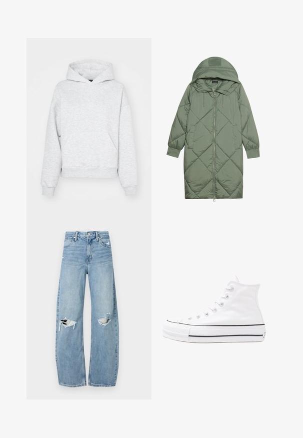 Casaco puffer longo verde acolchoado com capuz, apresentando um fecho frontal com zíper e dois bolsos laterais. Padrão texturizado em forma de diamante por todo o casaco.; Gina Tricot OVERSIZED PRINT HOODIE - Camisola - grey melange; Jeans de lavagem clara, de cintura alta, feitos de denim. Apresentam pernas largas, duas áreas rasgadas nos joelhos e o estilo clássico de cinco bolsos.; Sapatilha alta de tela branca com sola de borracha preta, bico de borracha na frente e seis ilhós para os atacadores, apresentando um design limpo e minimalista.