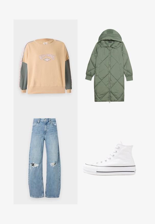 Manteau matelassé long vert avec capuche, doté d'une fermeture éclair à l'avant et de deux poches latérales. Motif en losanges texturé sur toute sa surface.; Sweat-shirt beige surdimensionné avec un graphique rosa "BILLABONG", des manches vertes et des accents à motifs le long des coutures des bras. Matière en coton doux.; Jeans en denim bleu clair à taille haute. Présentent des jambes larges, deux zones déchirées aux genoux et un style classique à cinq poches.; Baskets montantes en toile blanche avec semelle en caoutchouc noir, capuchon en caoutchouc à l'avant, et six œillets pour les lacets, présentant un design épuré et minimaliste.
