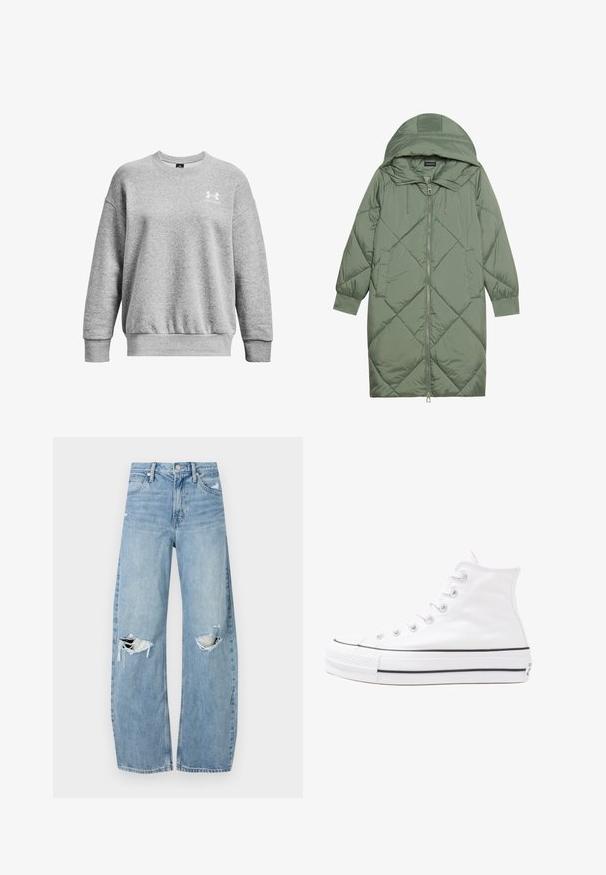 Abrigo acolchado largo verde tipo puffer con capucha, que presenta un cierre frontal con cremallera y dos bolsillos laterales. Patrón de diamantes texturizado en toda su superficie.; Sudadera gris hecha de un material suave, con cuello redondo, hombros caídos, puños acanalados y un pequeño logo blanco en el lado izquierdo del pecho.; Vaqueros de mezclilla de tiro alto en azul claro. Tienen piernas anchas, dos áreas desgastadas en las rodillas y un estilo clásico de cinco bolsillos.; Zapatilla de lona alta blanca con suela de goma negra, puntera de goma frontal y seis ojetes para los cordones, que presenta un diseño limpio y minimalista.