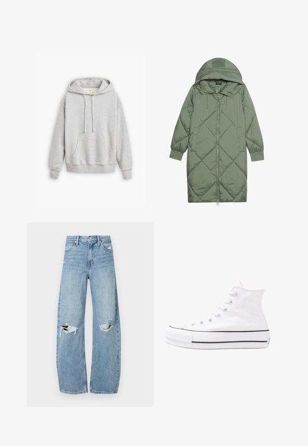 Puchowy, długi, zielony płaszcz z kapturem, z zamkiem błyskawicznym z przodu i dwoma bocznymi kieszeniami. Całość pokryta fakturowanym wzorem diamentowym.; Szary hoodie wykonany z mieszanki bawełny, z kieszenią typu kangur, kapturem ze sznurkiem oraz ściągaczami przy mankietach i hemie.; Jasnoniebieskie, wysokiej talii dżinsy wykonane z denimu. Posiadają szerokie nogawki, dwa podarte miejsca na kolanach oraz klasyczne pięć kieszeni.; Białe wysokie trampki z płótna z czarną gumową podeszwą, przednim czubkiem z gumy i sześcioma dziurkami na sznurowadła, charakteryzujące się prostym, minimalistycznym designem.