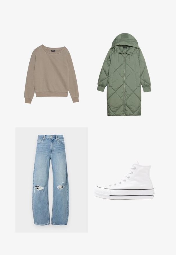 Cappotto lungo imbottito verde con un cappuccio, caratterizzato da una chiusura frontale a zip e due tasche laterali. Motivo a rombi testurizzati su tutta la superficie.; Felpa beige a maniche lunghe con scollatura ampia e polsini a coste. Tessuto morbido, vestibilità rilassata, presenta cuciture minime e nessun motivo.; Jeans azzurri chiari a vita alta realizzati in denim. Presentano gambe larghe, due aree strappate sulle ginocchia e il classico styling a cinque tasche.; Sneaker alta in tela bianca con suola in gomma nera, punta in gomma frontale e sei asole per i lacci, caratterizzata da un design pulito e minimalista.
