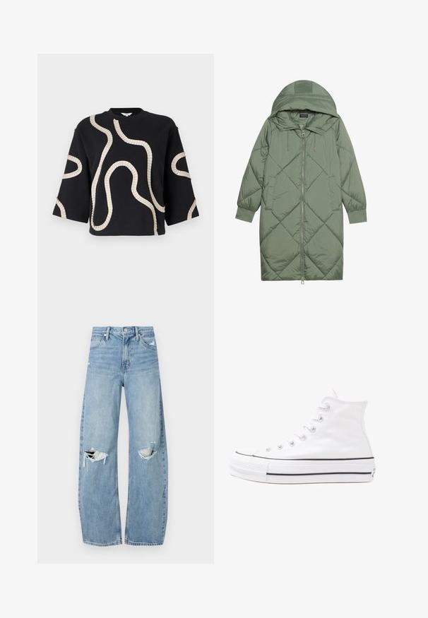 Quilted long green puffer coat with a hood, featuring a front zipper closure and two side pockets. Textured diamond pattern throughout.; Black sweatshirt with loose fit, wide sleeves. Features wavy, tan fabric appliqués along the front, creating a textured design.; Light blue, high-waisted jeans made of denim. Feature wide legs, two torn knee areas, and classic five-pocket styling.; White high-top canvas sneaker with black rubber sole, front rubber toe cap, and six eyelets for laces, featuring a clean, minimalist design.