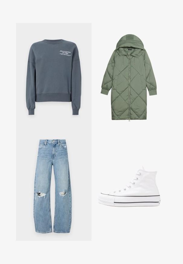 Izšūts garš zaļš pūšļa mētelis ar kapuci, ar priekšējo rāvējslēdzēju un divām sānu kabatām. Visā virsmā ir teksturēta dimanta raksts.; Abercrombie & Fitch Logo Crew Sweatshirt - Ikdienas džemperis - dark grey; Gaiši zili, augstās vidukļa džinsi, kas izgatavoti no denima. Iespējas plašas kājas, divas plēstas ceļa daļas un klasiskā piecu kabatu dizains.; Balti augstie kanvas sporta apavi ar melnu gumijas zoli, priekšējo gumijas purngalu un sešām acīm lencēm, kuriem ir tīrs, minimālistisks dizains.