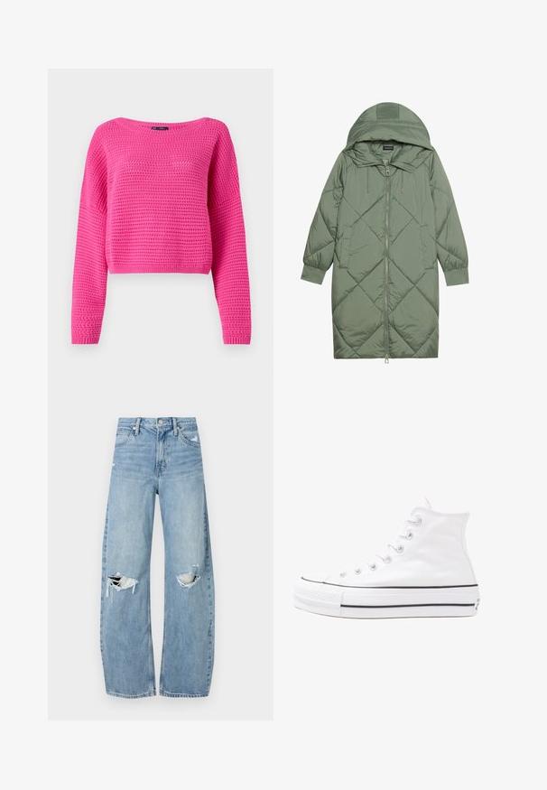 Prostorna dolga zeleni puffer plašč s kapuco, z zadrgo spredaj in dvema stranskima žepoma. Tekstura z diamantnim vzorcem po celotni površini.; Roza skrajšana jopica z teksturiranim pletenim vzorcem, širokim izrezom in dolgimi rokavi. Ribljen rob in manšete. Narejena iz lahkega materiala.; Svijetloplave traperice visoki struk. Imaju široke nogavice, dva poderana područja na koljenima i klasičan petotoksi stil.; Beli visoki platneni športni čevelj z črnim gumijastim podplatom, sprednjim gumijastim zaščitnikom za prste in šestimi luknjicami za vezalke, ki se ponaša s preprostim, minimalističnim dizajnom.