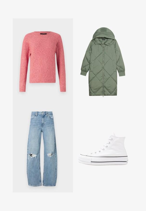 Puchowy, długi, zielony płaszcz z kapturem, z zamkiem błyskawicznym z przodu i dwoma bocznymi kieszeniami. Całość pokryta fakturowanym wzorem diamentowym.; Czerwony sweter dziany z okrągłym dekoltem i długimi rękawami. Ma teksturowany materiał oraz prążkowane mankiety i dół.; Jasnoniebieskie, wysokiej talii dżinsy wykonane z denimu. Posiadają szerokie nogawki, dwa podarte miejsca na kolanach oraz klasyczne pięć kieszeni.; Białe wysokie trampki z płótna z czarną gumową podeszwą, przednim czubkiem z gumy i sześcioma dziurkami na sznurowadła, charakteryzujące się prostym, minimalistycznym designem.