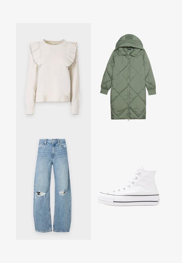 Izšūts garš zaļš pūšļa mētelis ar kapuci, ar priekšējo rāvējslēdzēju un divām sānu kabatām. Visā virsmā ir teksturēta dimanta raksts.; Krems krāsas džemperis ar ruflētiem akcentiem plecos, ribotām piedurknēm un apakšmalu, kā arī melniem kontrastējošiem diegiem gar rufļu malām.; Gaiši zili, augstās vidukļa džinsi, kas izgatavoti no denima. Iespējas plašas kājas, divas plēstas ceļa daļas un klasiskā piecu kabatu dizains.; Balti augstie kanvas sporta apavi ar melnu gumijas zoli, priekšējo gumijas purngalu un sešām acīm lencēm, kuriem ir tīrs, minimālistisks dizains.