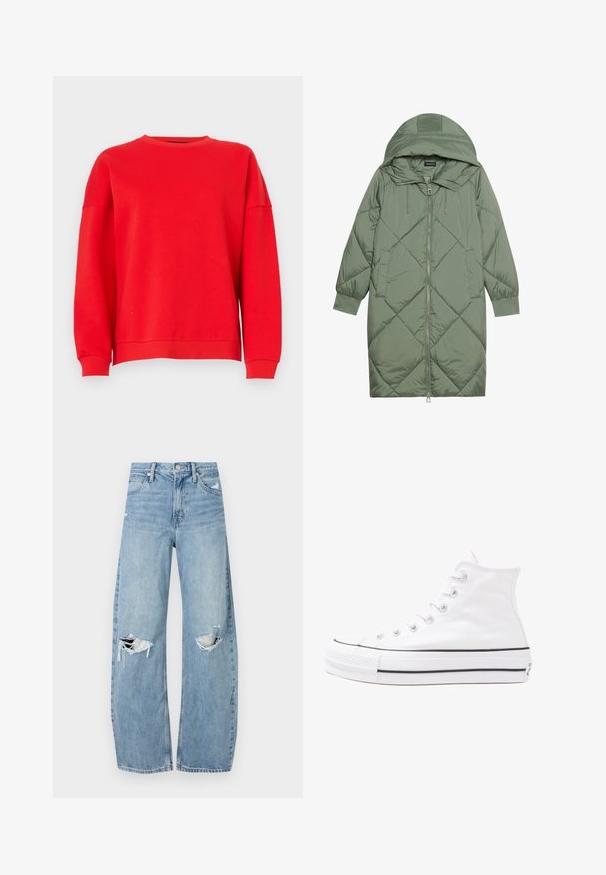 Izšūts garš zaļš pūšļa mētelis ar kapuci, ar priekšējo rāvējslēdzēju un divām sānu kabatām. Visā virsmā ir teksturēta dimanta raksts.; Sarkans džemperis, izgatavots no mīksta auduma, ar apaļu kakla izgriezumu, nokritušiem pleciem un ribotām piedurknēm. Vienkāršs dizains, bez rakstiem vai grafikas.; Gaiši zili, augstās vidukļa džinsi, kas izgatavoti no denima. Iespējas plašas kājas, divas plēstas ceļa daļas un klasiskā piecu kabatu dizains.; Balti augstie kanvas sporta apavi ar melnu gumijas zoli, priekšējo gumijas purngalu un sešām acīm lencēm, kuriem ir tīrs, minimālistisks dizains.