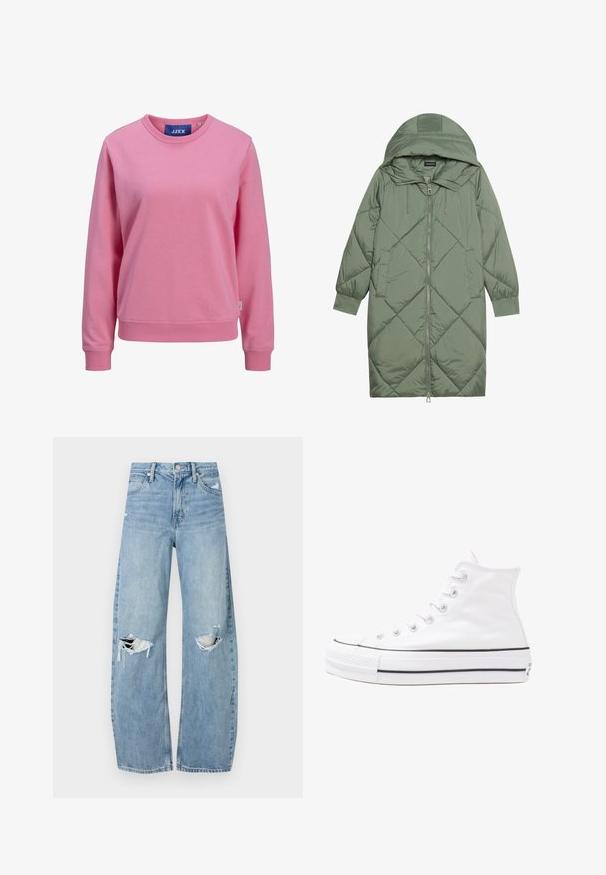 Casaco puffer longo verde acolchoado com capuz, apresentando um fecho frontal com zíper e dois bolsos laterais. Padrão texturizado em forma de diamante por todo o casaco.; Sweatshirt rosa feito de algodão suave. Apresenta um decote redondo e mangas longas com punhos e barra canelados. Etiqueta visível na gola.; Jeans de lavagem clara, de cintura alta, feitos de denim. Apresentam pernas largas, duas áreas rasgadas nos joelhos e o estilo clássico de cinco bolsos.; Sapatilha alta de tela branca com sola de borracha preta, bico de borracha na frente e seis ilhós para os atacadores, apresentando um design limpo e minimalista.