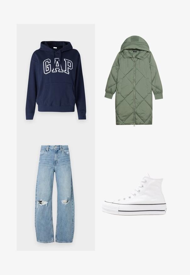 Quilted long green puffer coat with a hood, featuring a front zipper closure and two side pockets. Textured diamond pattern throughout.; Navy blue hoodie made from cotton blend fabric, featuring a front pocket, ribbed cuffs and hem, with "GAP" printed prominently in white.; Light blue, high-waisted jeans made of denim. Feature wide legs, two torn knee areas, and classic five-pocket styling.; White high-top canvas sneaker with black rubber sole, front rubber toe cap, and six eyelets for laces, featuring a clean, minimalist design.