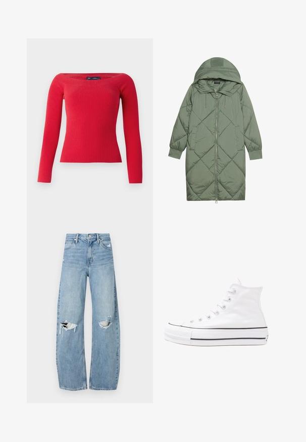 Gequiltede lange groene pufferjas met een capuchon, met een ritssluiting aan de voorkant en twee zijzakken. Gelaagd ruitpatroon overal.; Rode geribbelde sweater met lange mouwen en een ruime halslijn, heeft een aansluitende pasvorm en is gemaakt van een rekbare brei stof.; Lichtblauwe, hooggeritste jeans van denim. Beschikken over wijde pijpen, twee gescheurde knievalken en klassieke vijfzakken styling.; Witte high-top canvas sneakers met een zwarte rubberen zool, een rubberen neuskap aan de voorkant en zes gaatjes voor veters, met een schone, minimalistische uitstraling.