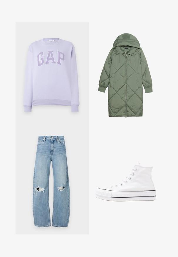 Κοντό πράσινο πούπερ μπουφάν με κουκούλα, διαθέτοντας κεντρικό φερμουάρ και δύο πλαϊνές τσέπες. Υφασμάτινο σχέδιο με ρόμβους σε όλη την επιφάνεια.; Απαλή μοβ μπλούζα με λαιμόκοψη και μακριά μανίκια, με μεγάλο υφασμάτινο λογότυπο "GAP" στο στήθος σε αντίστοιχες μοβ αποχρώσεις.; Ανοιχτόμπλε, ψηλόμεσα τζιν φτιαγμένα από τζιν ύφασμα. Διαθέτουν φαρδιές καμπάνες, δύο σκισμένα γόνατα και κλασικό στιλ πέντε τσεπών.; Λευκό ψηλό καμβαδάκι αθλητικό παπούτσι με μαύρη καουτσούκ σόλα, πρόσθιο καουτσούκ καλύμματος δακτύλου και έξι οπές για κορδόνια, με μια καθαρή και μίνιμαλ σχεδίαση.