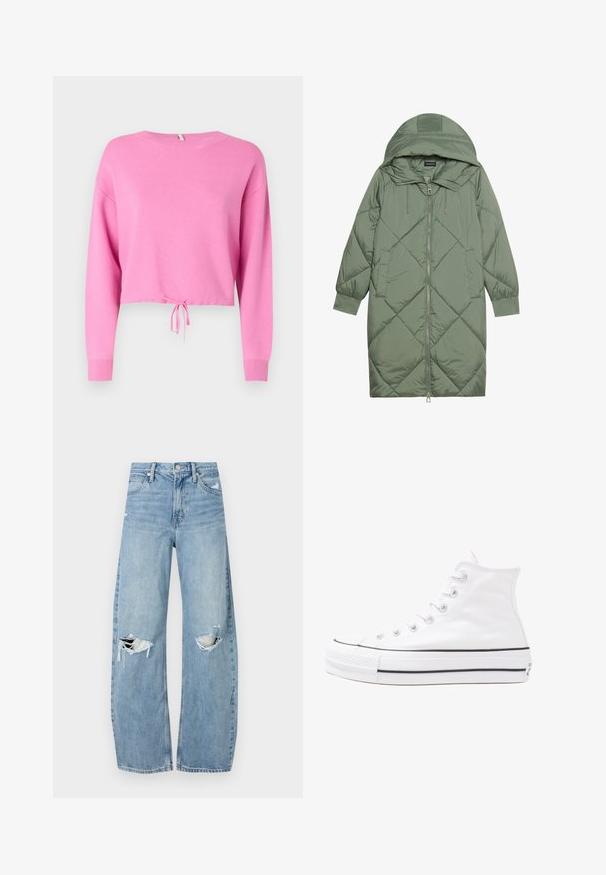 Quiltana duga zelena puffer jakna s kapuljačom, s prednjim zatvaračem i dva bočna džepa. Teksturni dijamantni uzorak kroz cijelu jaknu.; Ružičasti skraćeni pulover s dugim rukavima, izrađen od teksturiranog pletiva, s vezicom na rubu i širokim dekolteom.; Svijetloplave, visoko-strukirane traperice. Imaju široke nogavice, dva razderana područja na koljenima i klasičan stil s pet džepova.; Bijela visoka platnena tenisica s crnom gumenom potplatom, prednjim gumenim zaštitnikom prstiju i šest rupa za vezanje, s čistim, minimalističkim dizajnom.