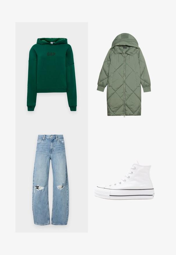 Cappotto lungo imbottito verde con un cappuccio, caratterizzato da una chiusura frontale a zip e due tasche laterali. Motivo a rombi testurizzati su tutta la superficie.; Felpa verde con tasca a canguro, polsini e orlo a costine. Presenta il logo "GAP" in marrone scuro sul davanti. Tessuto morbido.; Jeans azzurri chiari a vita alta realizzati in denim. Presentano gambe larghe, due aree strappate sulle ginocchia e il classico styling a cinque tasche.; Sneaker alta in tela bianca con suola in gomma nera, punta in gomma frontale e sei asole per i lacci, caratterizzata da un design pulito e minimalista.
