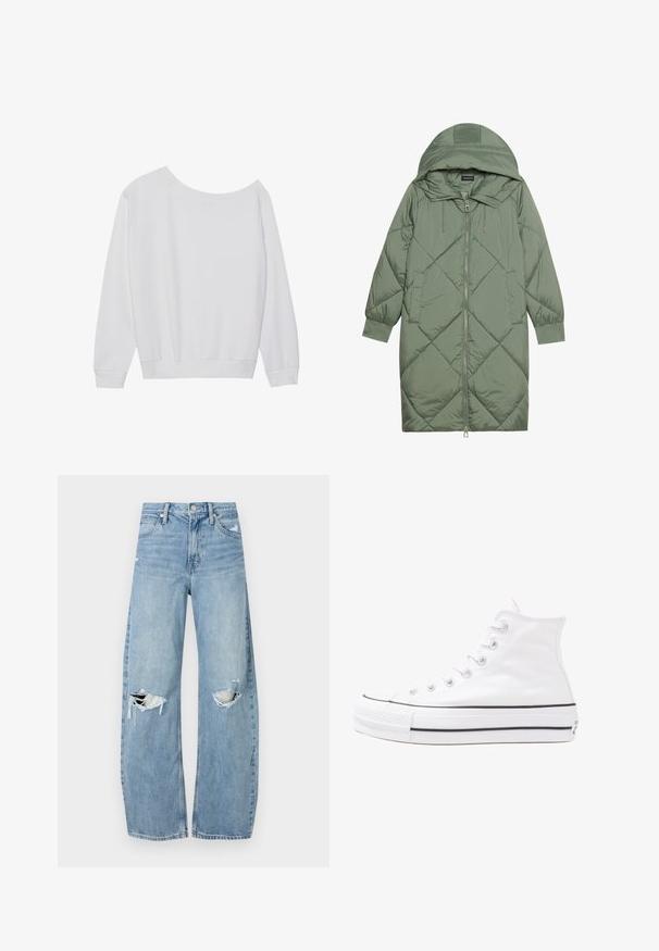 Quiltet lang grønn pufferjakke med hette, med en frontglidelås og to sidelommer. Teksturerte diamantmønster overalt.; Hvit langermet sweatshirt med løs off-shoulder hals, ribbede mansjetter og samlet kant, laget av mykt stoff.; Lyseblå høytlivsjeans laget av denim. Har vide bein, to revne knær og klassisk fem-lommers design.; Hvit høy-skinn kanvas sneakers med svart gummisåle, gummitåhette foran og seks hull for snorer, med et rent, minimalistisk design.