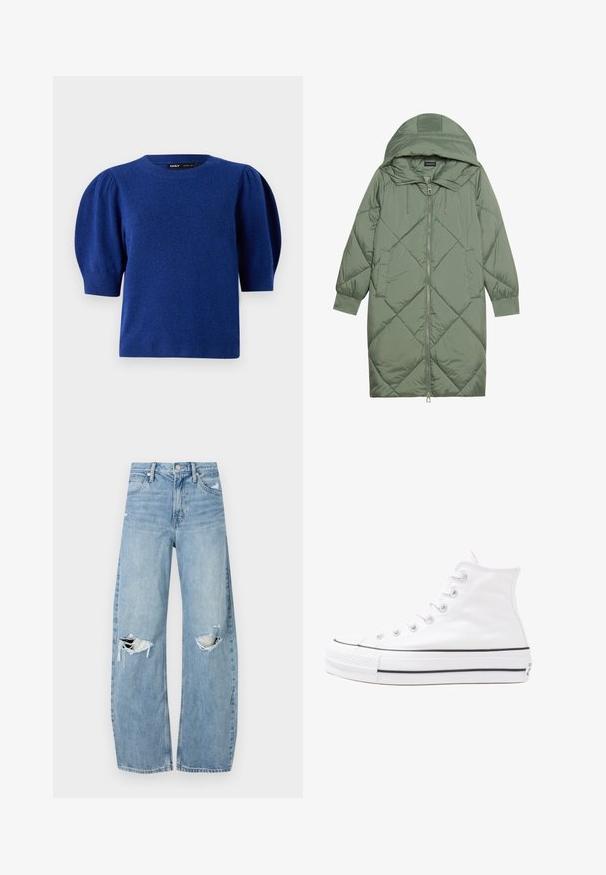 Puchowy, długi, zielony płaszcz z kapturem, z zamkiem błyskawicznym z przodu i dwoma bocznymi kieszeniami. Całość pokryta fakturowanym wzorem diamentowym.; Niebieski dziergany sweter z krótkimi bufkami i okrągłym dekoltem. Charakteryzuje się miękką fakturą oraz prążkowanym dołem i mankietami.; Jasnoniebieskie, wysokiej talii dżinsy wykonane z denimu. Posiadają szerokie nogawki, dwa podarte miejsca na kolanach oraz klasyczne pięć kieszeni.; Białe wysokie trampki z płótna z czarną gumową podeszwą, przednim czubkiem z gumy i sześcioma dziurkami na sznurowadła, charakteryzujące się prostym, minimalistycznym designem.