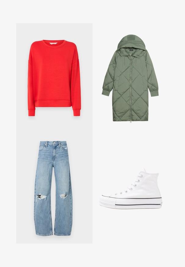 Quiltet lang grønn pufferjakke med hette, med en frontglidelås og to sidelommer. Teksturerte diamantmønster overalt.; Rød hettegensere laget av mykt stoff, med rund hals, senkede skuldre og ribbede ermer. Enkel design uten mønstre eller pynt.; Lyseblå høytlivsjeans laget av denim. Har vide bein, to revne knær og klassisk fem-lommers design.; Hvit høy-skinn kanvas sneakers med svart gummisåle, gummitåhette foran og seks hull for snorer, med et rent, minimalistisk design.