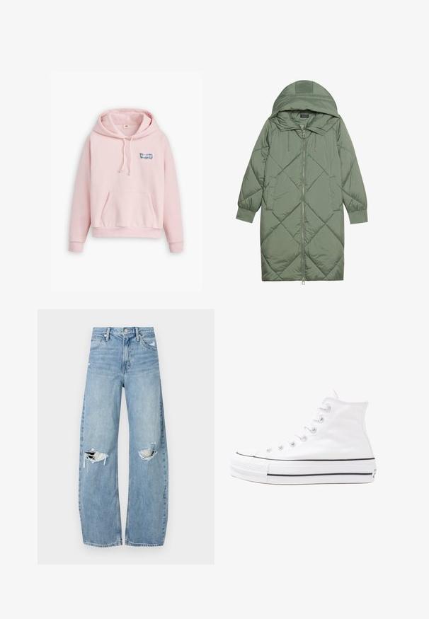 Vadderad lång grön pufferjacka med huva, med en framsidan dragkedjestängning och två sidofickor. Strukturerad diamantmönster över hela plagget.; Rosa bomullshoodie med en framficka i kängurustil, dragsko i huvan och en blåmönstrad logotypdetalj på vänster bröst. Mjuk textur.; Ljusblå, högmidjade jeans i denim. Har vida ben, två slitna knäområden och klassisk femfickedesign.; Vit hög topp canvas sneaker med svart gummisulan, framsidan gummitåhätta och sex öglor för snören, med en ren, minimalistisk design.