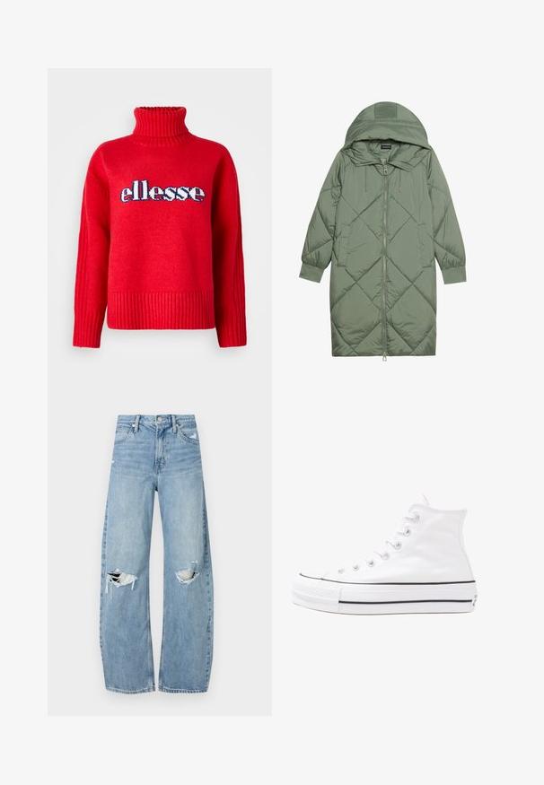 Vihreä vuorattu pitkänmallinen puhvitakki, jossa on huppu, etuvetoketju ja kaksi sivutaskua. Koko takin pinta on teksturoidussa timanttikuviossa.; Punainen neulepaita korkealla ribatulla kauluksella. Siinä on vaakasuoraa ribbausta helmassa ja hihoissa. "ellesse"-logo on näkyvästi esillä sinisenä ja valkoisena.; Vaaleansiniset, korkeavyötäröiset farkut, jotka on valmistettu denimmateriaalista. Ominaisuuksiin kuuluvat leveät lahkeet, kaksi revittyä polvialuetta ja klassinen viiden taskun tyyli.; Valkoiset korkeavartiset kangaskengät mustalla kumipohjalla, edessä kuminen varvasosa ja kuusi nauha-aukkoa, puhtaan minimalistisella muotoilulla.