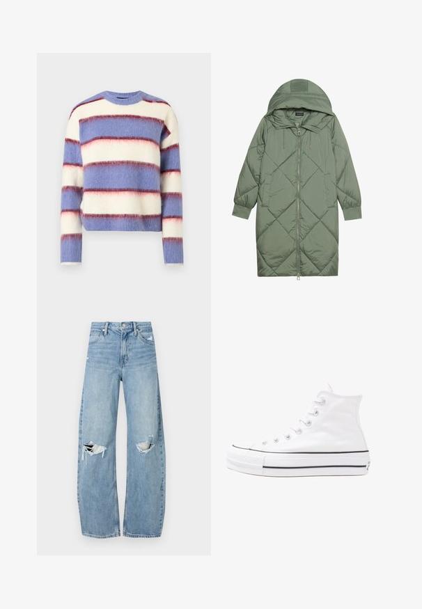 Quilted long green puffer coat with a hood, featuring a front zipper closure and two side pockets. Textured diamond pattern throughout.; Striped sweater in light blue, cream, and red hues. Soft, fuzzy texture with a crew neckline and long sleeves. Cropped fit.; Light blue, high-waisted jeans made of denim. Feature wide legs, two torn knee areas, and classic five-pocket styling.; White high-top canvas sneaker with black rubber sole, front rubber toe cap, and six eyelets for laces, featuring a clean, minimalist design.