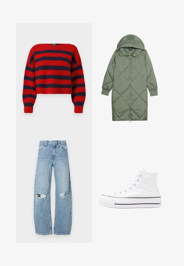Cele nouă pictate în verde închis, din material pufos, cu glugă, care dispune de închidere cu fermoar frontal și două buzunare laterale. Model texturat cu un model în diamant pe întreaga suprafață.; Pulover scurt cu dungi roșii și bleumarin, cu un tiv elastic și mâneci lungi, realizat dintr-un material tricotat moale. Eticheta spune "ONLY."; Jeans de denim, de un bleu deschis, cu talie înaltă. Au picioare late, două zone rupte la genunchi și un stil clasic cu cinci buzunare.; Adidași albi tip pantofi sport cu glezna din pânză, cu talpă din cauciuc negru, capac de vârf din cauciuc frontal și șase ochiuri pentru șireturi, având un design curat și minimalist.