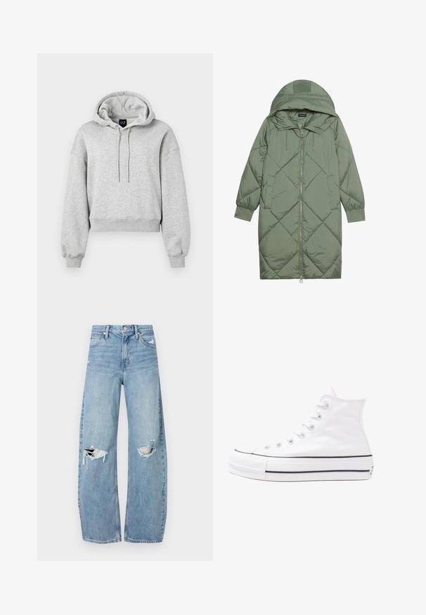 Zelený prešívaný páperový kabát s kapucňou, so zipsovým uzáverom vpredu a dvoma bočnými vreckami. Po celom povrchu je textúrovaný diamantový vzor.; Šedá skrátená mikina vyrobená z jemného materiálu, s kapucňou na šnúrku, rebrovanými manžetami a voľným strihom. Branding umiestnený na oblasti krku.; Svetlomodré, vysoké džínsy vyrobené z denimu. Majú široké nohavice, dve roztrhnuté kolená a klasický päťvreckový strih.; Biele vysoké plátené tenisky s čiernou gumovou podošvou, prednou gumovou špičkou a šiestimi okami na šnúrky, s čistým, minimalistickým dizajnom.
