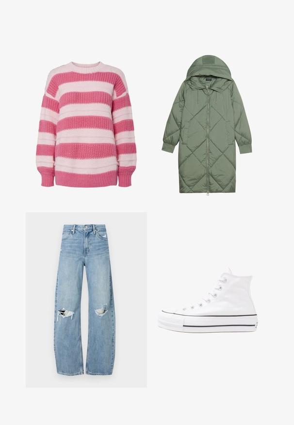 Quiltuotas ilgas žalias pūkinis paltas su kapuce, turintis priekinį užtrauktuką ir dvi šonines kišenes. Visame paviršiuje yra tekstūrinis rombų raštas.; Šviesiai rožinė ir tamsiai rožinė raštuota megztinis, pagamintas iš struktūrinio audinio, su apvalia iškirpte ir ribotais rankogaliais.; Šviesiai mėlynos, aukštu juosmeniu džinsai pagaminti iš džinsinio audinio. Turi plačias kojų kelnes, dvi suplėšytas kelio vietas ir klasikinį penkių kišenių dizainą.; Balti aukštakulniai drobės sportbačiai su juodu guminio pado, priekinio guminio piršto dangteliu ir šešiais akytėmis raištams, pasižymintys švariu, minimalistiniu dizainu.