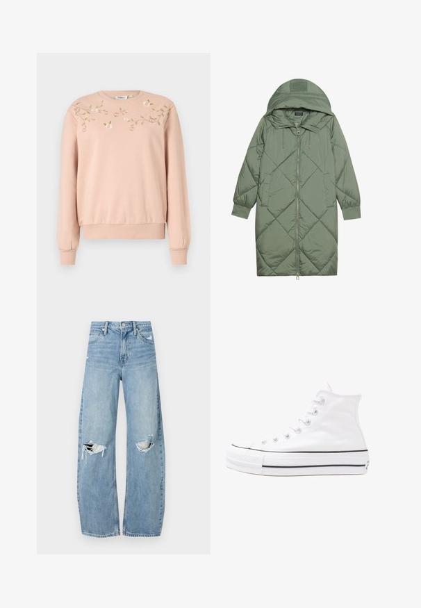 Cele nouă pictate în verde închis, din material pufos, cu glugă, care dispune de închidere cu fermoar frontal și două buzunare laterale. Model texturat cu un model în diamant pe întreaga suprafață.; Sweatshirt roz deschis cu mâneci lungi, cu manșete și tiv din tricot, prezentând broderie florală în nuanțe de roz și verde pe față. Textură moale.; Jeans de denim, de un bleu deschis, cu talie înaltă. Au picioare late, două zone rupte la genunchi și un stil clasic cu cinci buzunare.; Adidași albi tip pantofi sport cu glezna din pânză, cu talpă din cauciuc negru, capac de vârf din cauciuc frontal și șase ochiuri pentru șireturi, având un design curat și minimalist.