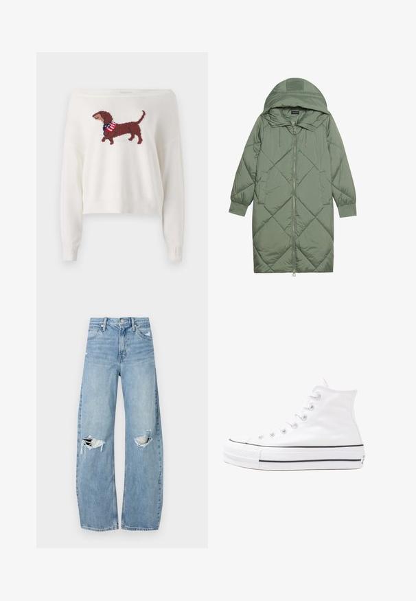 Izšūts garš zaļš pūšļa mētelis ar kapuci, ar priekšējo rāvējslēdzēju un divām sānu kabatām. Visā virsmā ir teksturēta dimanta raksts.; Hollister Co. SLOUCHY AMERICANA GRAPHIC - Džemperis - white; Gaiši zili, augstās vidukļa džinsi, kas izgatavoti no denima. Iespējas plašas kājas, divas plēstas ceļa daļas un klasiskā piecu kabatu dizains.; Balti augstie kanvas sporta apavi ar melnu gumijas zoli, priekšējo gumijas purngalu un sešām acīm lencēm, kuriem ir tīrs, minimālistisks dizains.