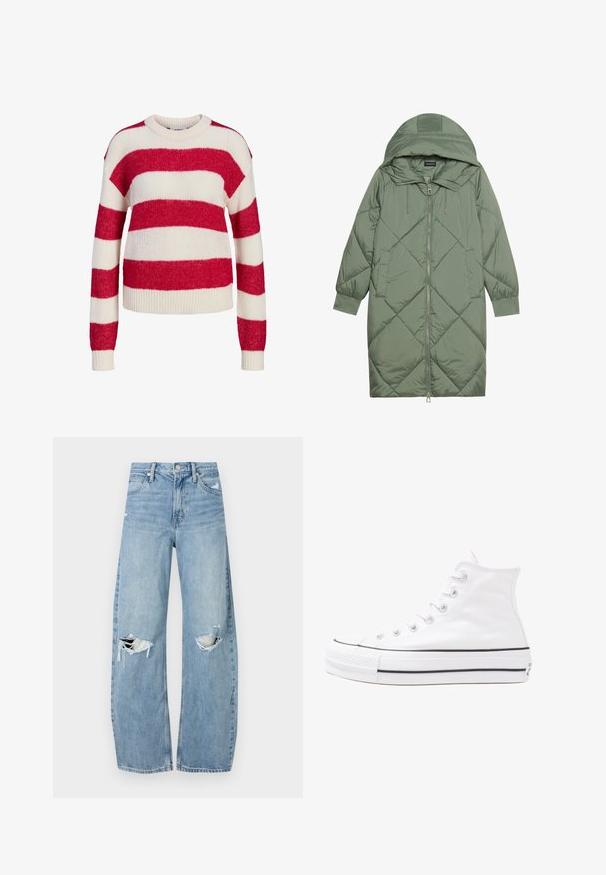 Casaco puffer longo verde acolchoado com capuz, apresentando um fecho frontal com zíper e dois bolsos laterais. Padrão texturizado em forma de diamante por todo o casaco.; Suéter de malha às riscas vermelhas e brancas com um decote redondo, mangas compridas e punhos e bainha canelados, apresentando um material macio e texturizado.; Jeans de lavagem clara, de cintura alta, feitos de denim. Apresentam pernas largas, duas áreas rasgadas nos joelhos e o estilo clássico de cinco bolsos.; Sapatilha alta de tela branca com sola de borracha preta, bico de borracha na frente e seis ilhós para os atacadores, apresentando um design limpo e minimalista.