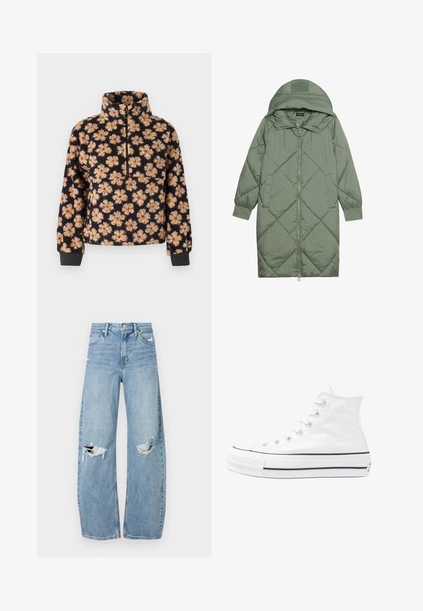 Quiltana duga zelena puffer jakna s kapuljačom, s prednjim zatvaračem i dva bočna džepa. Teksturni dijamantni uzorak kroz cijelu jaknu.; Crni flis pulover s visokim ovratnikom, ukrašen cvjetnim uzorkom u bež i smeđoj boji. Raskopčani dekolte i rebraste manžete za bolje pristajanje.; Svijetloplave, visoko-strukirane traperice. Imaju široke nogavice, dva razderana područja na koljenima i klasičan stil s pet džepova.; Bijela visoka platnena tenisica s crnom gumenom potplatom, prednjim gumenim zaštitnikom prstiju i šest rupa za vezanje, s čistim, minimalističkim dizajnom.
