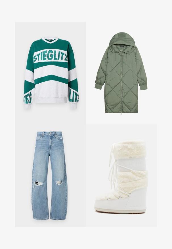 Zelený prešívaný páperový kabát s kapucňou, so zipsovým uzáverom vpredu a dvoma bočnými vreckami. Po celom povrchu je textúrovaný diamantový vzor.; Zelená a šedá oversized mikina s výstrihom do V, s nápisom "STIEGLITZ" v tučných, štruktúrovaných písmenách cez hruď a rukávy.; Svetlomodré, vysoké džínsy vyrobené z denimu. Majú široké nohavice, dve roztrhnuté kolená a klasický päťvreckový strih.; Biele Mune čižmy s vrchnou časťou z umelého kožušinového materiálu, šnurovaním vpredu a gumovou podrážkou. Textúrovaný povrch a embosované logo na boku. Hmotný, polstrovaný dizajn.