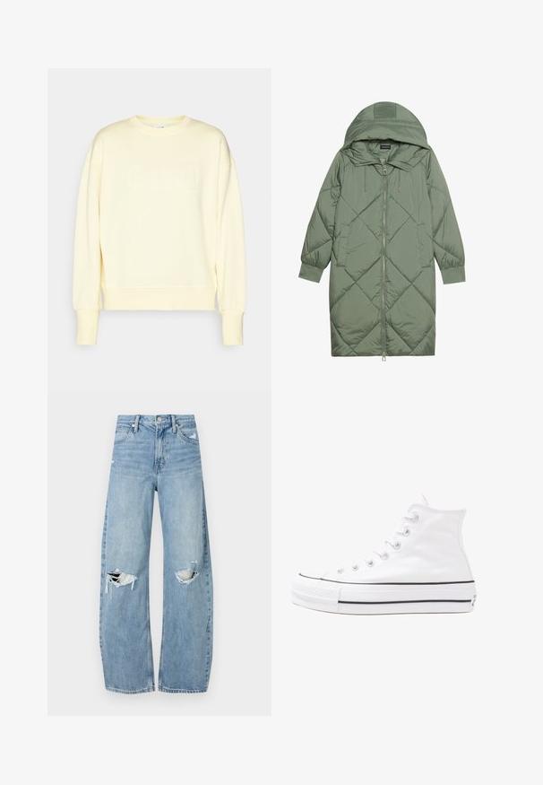 Quilted long green puffer coat with a hood, featuring a front zipper closure and two side pockets. Textured diamond pattern throughout.; Light yellow sweatshirt made of soft fabric, featuring a crew neck, drop shoulders, and embroidered "Casall" logo on the front.; Light blue, high-waisted jeans made of denim. Feature wide legs, two torn knee areas, and classic five-pocket styling.; White high-top canvas sneaker with black rubber sole, front rubber toe cap, and six eyelets for laces, featuring a clean, minimalist design.