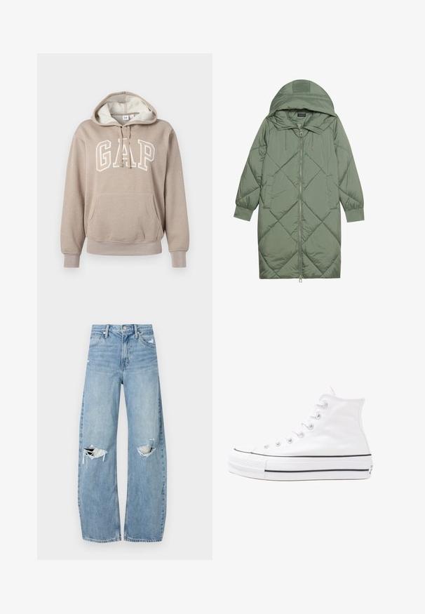 Quiltuotas ilgas žalias pūkinis paltas su kapuce, turintis priekinį užtrauktuką ir dvi šonines kišenes. Visame paviršiuje yra tekstūrinis rombų raštas.; GAP HERITAGE - Sportinis megztinis - quail shine; Šviesiai mėlynos, aukštu juosmeniu džinsai pagaminti iš džinsinio audinio. Turi plačias kojų kelnes, dvi suplėšytas kelio vietas ir klasikinį penkių kišenių dizainą.; Balti aukštakulniai drobės sportbačiai su juodu guminio pado, priekinio guminio piršto dangteliu ir šešiais akytėmis raištams, pasižymintys švariu, minimalistiniu dizainu.