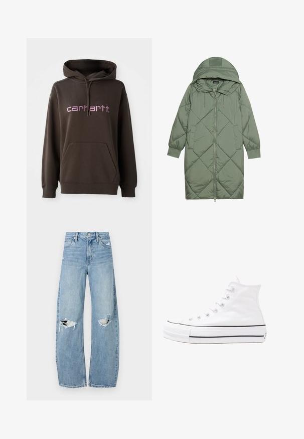 Cappotto lungo imbottito verde con un cappuccio, caratterizzato da una chiusura frontale a zip e due tasche laterali. Motivo a rombi testurizzati su tutta la superficie.; Felpa con cappuccio marrone e tasca a marsupio sul davanti, con lettering rosa del marchio "carhartt". Realizzata in tessuto morbido, con finitura texture.; Jeans azzurri chiari a vita alta realizzati in denim. Presentano gambe larghe, due aree strappate sulle ginocchia e il classico styling a cinque tasche.; Sneaker alta in tela bianca con suola in gomma nera, punta in gomma frontale e sei asole per i lacci, caratterizzata da un design pulito e minimalista.