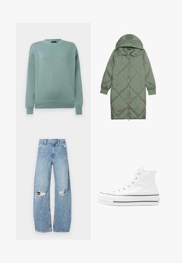 Κοντό πράσινο πούπερ μπουφάν με κουκούλα, διαθέτοντας κεντρικό φερμουάρ και δύο πλαϊνές τσέπες. Υφασμάτινο σχέδιο με ρόμβους σε όλη την επιφάνεια.; Μπλούζα σε μέντα απόχρωση, φτιαγμένη από μαλακό ύφασμα, με στρογγυλή λαιμόκοψη, μακριά μανίκια με ribbed μανσέτες και άνετη εφαρμογή.; Ανοιχτόμπλε, ψηλόμεσα τζιν φτιαγμένα από τζιν ύφασμα. Διαθέτουν φαρδιές καμπάνες, δύο σκισμένα γόνατα και κλασικό στιλ πέντε τσεπών.; Λευκό ψηλό καμβαδάκι αθλητικό παπούτσι με μαύρη καουτσούκ σόλα, πρόσθιο καουτσούκ καλύμματος δακτύλου και έξι οπές για κορδόνια, με μια καθαρή και μίνιμαλ σχεδίαση.
