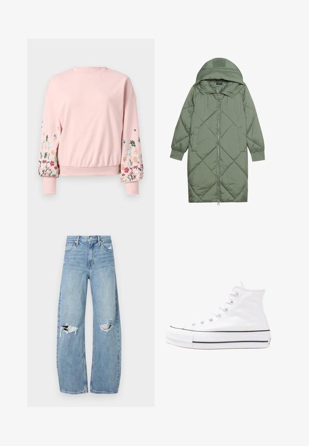 Casaco puffer longo verde acolchoado com capuz, apresentando um fecho frontal com zíper e dois bolsos laterais. Padrão texturizado em forma de diamante por todo o casaco.; Sweatshirt rosa com decote redondo, mangas oversized e bordados florais em várias cores nas mangas. Punhos e barra canelados.; Jeans de lavagem clara, de cintura alta, feitos de denim. Apresentam pernas largas, duas áreas rasgadas nos joelhos e o estilo clássico de cinco bolsos.; Sapatilha alta de tela branca com sola de borracha preta, bico de borracha na frente e seis ilhós para os atacadores, apresentando um design limpo e minimalista.