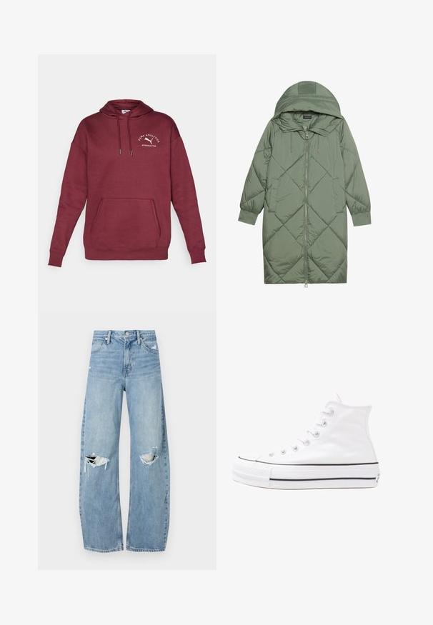 Cappotto lungo imbottito verde con un cappuccio, caratterizzato da una chiusura frontale a zip e due tasche laterali. Motivo a rombi testurizzati su tutta la superficie.; Felpa marrone in misto cotone, con tasca a canguro, cappuccio con cordino e logo ricamato sul petto. Texture liscia.; Jeans azzurri chiari a vita alta realizzati in denim. Presentano gambe larghe, due aree strappate sulle ginocchia e il classico styling a cinque tasche.; Sneaker alta in tela bianca con suola in gomma nera, punta in gomma frontale e sei asole per i lacci, caratterizzata da un design pulito e minimalista.