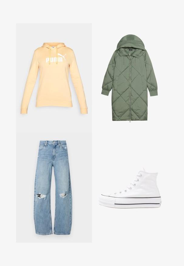Quiltana duga zelena puffer jakna s kapuljačom, s prednjim zatvaračem i dva bočna džepa. Teksturni dijamantni uzorak kroz cijelu jaknu.; Svijetložuta hoodie s kangaroo džepom, vezicama i bijelim "PUMA" logotipom na prsima. Mekana tkanina i rebrasti manžeti.; Svijetloplave, visoko-strukirane traperice. Imaju široke nogavice, dva razderana područja na koljenima i klasičan stil s pet džepova.; Bijela visoka platnena tenisica s crnom gumenom potplatom, prednjim gumenim zaštitnikom prstiju i šest rupa za vezanje, s čistim, minimalističkim dizajnom.