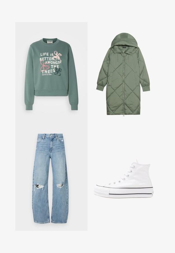 Manteau matelassé long vert avec capuche, doté d'une fermeture éclair à l'avant et de deux poches latérales. Motif en losanges texturé sur toute sa surface.; Sweatshirt en coton vert avec de longues manches, des poignets et un ourlet côtelés. Présente un texte blanc et rose avec des motifs floraux, indiquant "LA VIE EST MEILLEURE PARMI LES ARBRES."; Jeans en denim bleu clair à taille haute. Présentent des jambes larges, deux zones déchirées aux genoux et un style classique à cinq poches.; Baskets montantes en toile blanche avec semelle en caoutchouc noir, capuchon en caoutchouc à l'avant, et six œillets pour les lacets, présentant un design épuré et minimaliste.