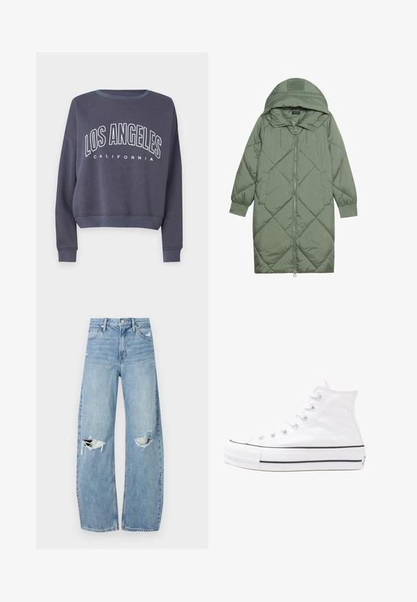 Zelený prešívaný páperový kabát s kapucňou, so zipsovým uzáverom vpredu a dvoma bočnými vreckami. Po celom povrchu je textúrovaný diamantový vzor.; Námornícky krátky sveter s bielym textom "LOS ANGELES" a "CALIFORNIA" pod ním. Má rebrovaný výstrih a manžety, vyrobený z mäkkej tkaniny.; Svetlomodré, vysoké džínsy vyrobené z denimu. Majú široké nohavice, dve roztrhnuté kolená a klasický päťvreckový strih.; Biele vysoké plátené tenisky s čiernou gumovou podošvou, prednou gumovou špičkou a šiestimi okami na šnúrky, s čistým, minimalistickým dizajnom.