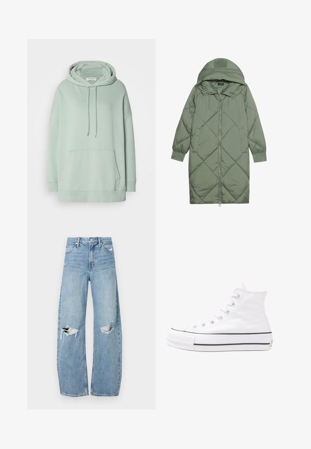 Izšūts garš zaļš pūšļa mētelis ar kapuci, ar priekšējo rāvējslēdzēju un divām sānu kabatām. Visā virsmā ir teksturēta dimanta raksts.; Miķīla zaļš kapuces sporta krekls ar brīvu piegriezumu, priekšējo kangaru kabatu un auklu detaļām. Izgatavots no mīkstas tekstilmateriālu.; Gaiši zili, augstās vidukļa džinsi, kas izgatavoti no denima. Iespējas plašas kājas, divas plēstas ceļa daļas un klasiskā piecu kabatu dizains.; Balti augstie kanvas sporta apavi ar melnu gumijas zoli, priekšējo gumijas purngalu un sešām acīm lencēm, kuriem ir tīrs, minimālistisks dizains.