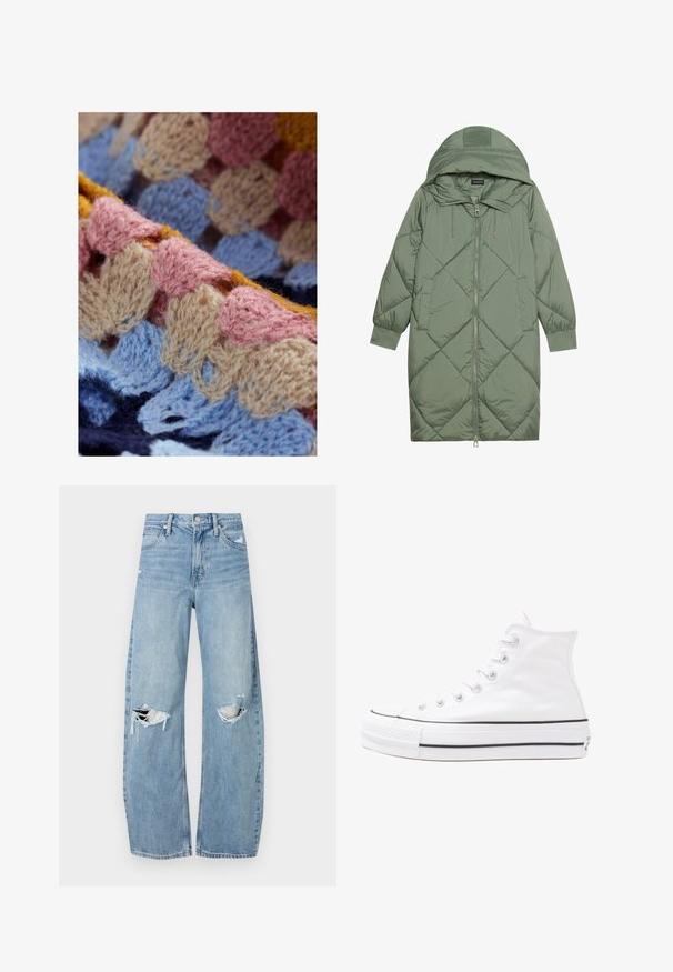 Cappotto lungo imbottito verde con un cappuccio, caratterizzato da una chiusura frontale a zip e due tasche laterali. Motivo a rombi testurizzati su tutta la superficie.; Tessuto a maglia con colori pastello, tra cui rosa, blu, beige e giallo. Motivo testurizzato con anelli e onde. Materiale morbido, simile alla lana.; Jeans azzurri chiari a vita alta realizzati in denim. Presentano gambe larghe, due aree strappate sulle ginocchia e il classico styling a cinque tasche.; Sneaker alta in tela bianca con suola in gomma nera, punta in gomma frontale e sei asole per i lacci, caratterizzata da un design pulito e minimalista.