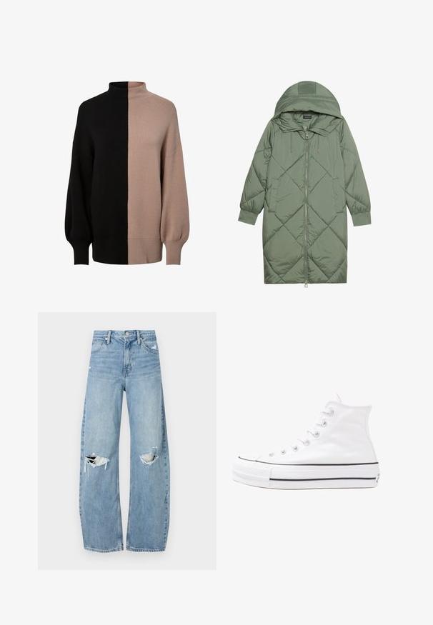 Casaco puffer longo verde acolchoado com capuz, apresentando um fecho frontal com zíper e dois bolsos laterais. Padrão texturizado em forma de diamante por todo o casaco.; Pulôver de gola alta em malha com um design dividido em preto e bege claro, com um corte descontraído, punhos canelados e textura suave.; Jeans de lavagem clara, de cintura alta, feitos de denim. Apresentam pernas largas, duas áreas rasgadas nos joelhos e o estilo clássico de cinco bolsos.; Sapatilha alta de tela branca com sola de borracha preta, bico de borracha na frente e seis ilhós para os atacadores, apresentando um design limpo e minimalista.