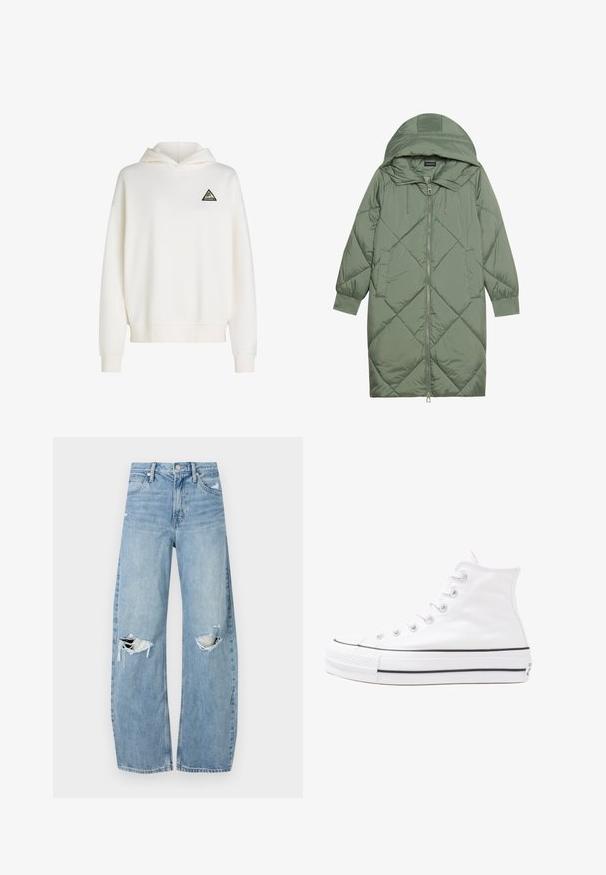 Manteau matelassé long vert avec capuche, doté d'une fermeture éclair à l'avant et de deux poches latérales. Motif en losanges texturé sur toute sa surface.; Sweat-shirt à capuche blanc en tissu doux. Doté d'un logo en triangle noir avec des accents colorés sur le côté gauche de la poitrine. Manches et ourlet côtelés.; Jeans en denim bleu clair à taille haute. Présentent des jambes larges, deux zones déchirées aux genoux et un style classique à cinq poches.; Baskets montantes en toile blanche avec semelle en caoutchouc noir, capuchon en caoutchouc à l'avant, et six œillets pour les lacets, présentant un design épuré et minimaliste.